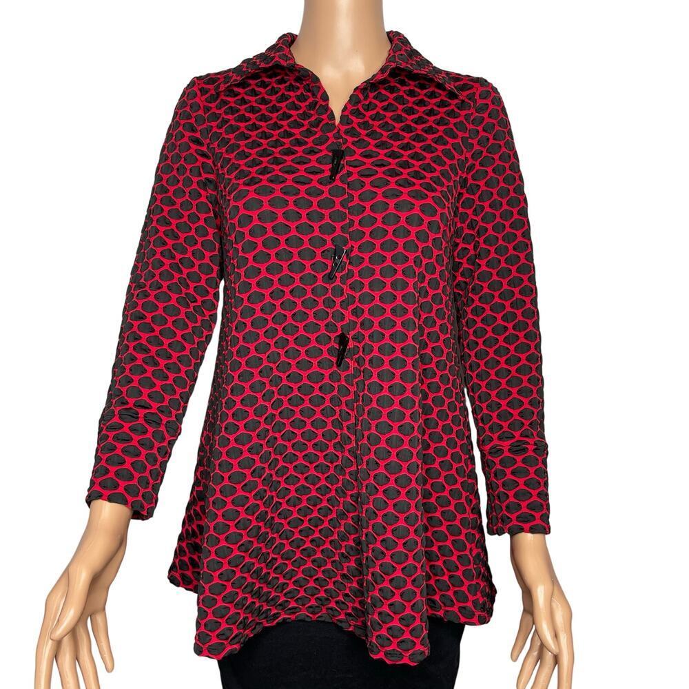 IC by Connie K Textured Swing Top Red Black Button Front Artsy Tunic S Lagenlook